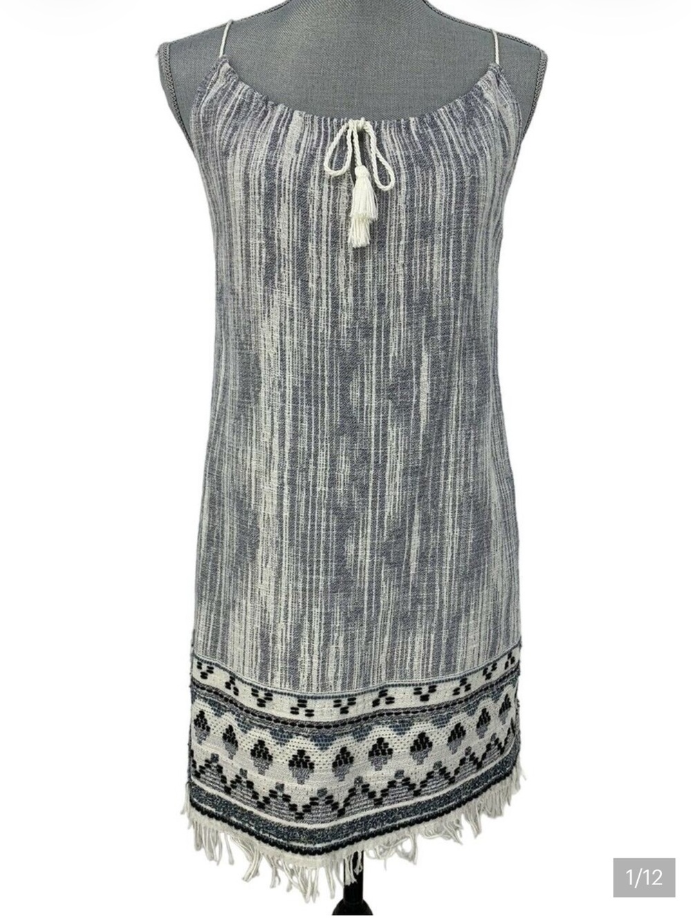 Drew Anthropologie Blue Ivory Woven Ikat Tunic Dress Fringe Hem Tie Neck Size XS